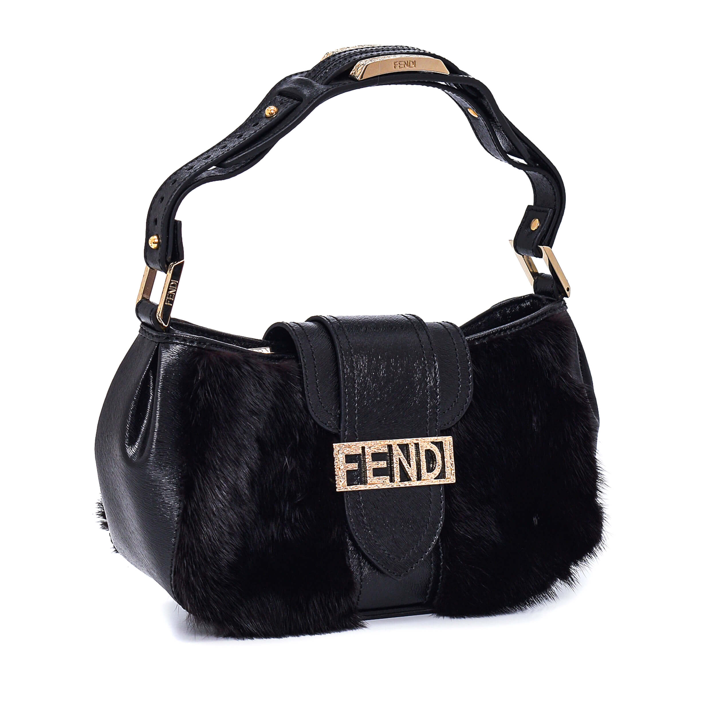 Fendi - Black Leather&Fur Fendi Plaka Baguette Bag